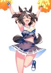  1girl absurdres animal_ears armpits arms_up black_hair black_skirt bob_cut cheerleader closed_eyes clothes_writing commentary_request feet_out_of_frame highres holding holding_pom_poms horse_ears horse_girl horse_tail kitasan_black_(umamusume) midriff_peek multicolored_hair multicolored_shirt navel open_mouth pom_pom_(cheerleading) short_hair simple_background skirt smile solo standing standing_on_one_leg streaked_hair sunny_(20597521) tail two_side_up umamusume white_background white_hair 