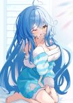  1girl :o bare_shoulders blue_hair breasts cleavage covering_own_mouth eyelashes highres hololive long_hair off-shoulder_sweater off_shoulder one_eye_closed pajamas shinka_(yonkun121) sitting solo sweater very_long_hair virtual_youtuber white_sweater yawning yellow_eyes yukihana_lamy yukihana_lamy_(4th_costume) 