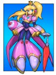  1girl absurdres android arm_cannon blonde_hair blue_background blue_eyes blush breasts crown dakusuta full_body heart high_heels high_ponytail highres long_hair mario_(series) princess_peach rockman rockman_x simple_background smile solo super_mario_bros. weapon 