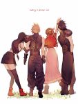  2boys 2girls aerith_gainsborough armor baggy_pants black_footwear black_gloves black_hair black_pants black_shirt black_skirt black_thighhighs boots braid braided_ponytail brown_hair cloud_strife cropped_shirt english_text facing_ahead final_fantasy final_fantasy_vii final_fantasy_vii_remake fingerless_gloves from_behind full_body gloves hand_on_another&#039;s_back hand_on_another&#039;s_head headpat highres holding_hands leaning_forward light_brown_hair long_hair long_skirt low-tied_long_hair miniskirt multiple_boys multiple_girls pants pauldrons pink_skirt red_shirt ribbed_shirt sera_(serappi) shirt shoes short_hair shoulder_armor sidelocks simple_background single_pauldron skirt sleeveless sleeveless_shirt straight_hair thighhighs tifa_lockhart very_long_hair white_background zack_fair zettai_ryouiki 