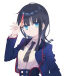  1girl absurdres black_hair blue_eyes blue_jacket daisi_gi fate/requiem fate_(series) fingernails hand_in_own_hair highres jacket medium_hair necktie shirt striped_necktie utsumi_erice white_background white_shirt 