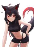  ... 1girl ahoge anger_vein animal_ear_fluff animal_ears black_hair black_panties black_shirt black_shorts blush braid commentary_request crop_top earrings fox_ears fox_girl fox_tail hair_between_eyes hand_on_own_hip highleg highleg_panties highres hololive jewelry kurokami_fubuki leaning_forward long_hair looking_at_viewer multicolored_hair panties pentagram red_eyes red_hair shirt short_shorts shorts sidelocks simple_background single_braid sleeveless sleeveless_shirt solo streaked_hair tail telomere underwear virtual_youtuber white_background 