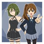  2girls :d alternate_hairstyle arm_strap black_dress black_pantyhose blue_jacket blue_ribbon blue_skirt border brown_eyes brown_hair choker cowboy_shot crossover dress foreshortening green_hair hair_ornament hairclip hairstyle_switch hand_on_own_hip hashtag_only_commentary highres hirasawa_yui jacket k-on! long_hair multiple_girls neck_ribbon o-ring o-ring_choker outside_border outstretched_hand pantyhose pleated_dress pleated_skirt purple_eyes ribbon sakuragaoka_high_school_uniform school_uniform short_hair side_ponytail skirt smile sousou_no_frieren standing suspenders_hanging the_freakin_yui thigh_strap ubel_(sousou_no_frieren) v white_border 