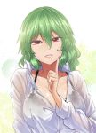  1girl bangs black_bra bra breasts cleavage collarbone commentary_request eyebrows_visible_through_hair green_hair grin hair_between_eyes hand_up index_finger_raised kazami_yuuka long_sleeves looking_at_viewer red_eyes see-through shirt short_hair smile solo touhou underwear upper_body white_shirt y2 