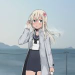  1girl annin_musou black_sailor_collar black_swimsuit blonde_hair blue_eyes blush coat commentary_request cowboy_shot flower grey_coat hair_between_eyes hair_flower hair_ornament kantai_collection long_hair long_sleeves one-piece_swimsuit pink_flower ro-500_(kantai_collection) sailor_collar sailor_shirt school_swimsuit shirt solo swimsuit swimsuit_under_clothes 