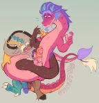 absurd_res anthro balls bodily_fluids chimera claws digital_media_(artwork) discord_(mlp) draconequus dragon duo eastern_dragon european_mythology fluffy friendship_is_magic fur furred_dragon genital_fluids genitals hasbro hi_res long_(wish_dragon) male my_little_pony mythological_creature mythological_scalie mythology open_mouth penis pink_body precum scalie tail tiredtizzy tuft western_dragon wish_dragon yellow_eyes yellow_sclera