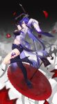  1girl absurdres acheron_(honkai:_star_rail) aki_shiki arms_up asymmetrical_footwear bandaged_arm bandages black_footwear black_gloves black_shorts boots breasts coat commentary_request elbow_gloves gloves high_heel_boots high_heels highres holding holding_sword holding_weapon honkai:_star_rail honkai_(series) katana large_breasts long_hair looking_at_viewer midriff navel oil-paper_umbrella parted_lips purple_eyes purple_hair red_umbrella short_shorts shorts single_bare_shoulder solo stomach sword thighs umbrella very_long_hair weapon white_coat 