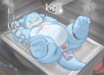 2008 anal anal_penetration anthro belly blue_body bodily_fluids chained crying digimon digimon_(species) eyes_closed genitals male navel overweight overweight_male paran0id42 penetration penis tears veemon 