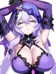  1girl bare_shoulders black_gloves black_swan_(honkai:_star_rail) breast_focus breasts cleavage close-up dress elbow_gloves gloves highres hiroki_(hirokiart) honkai:_star_rail honkai_(series) large_breasts long_hair looking_at_viewer multicolored_eyes pantyhose purple_eyes purple_hair sleeveless sleeveless_dress smile solo upper_body veil yellow_eyes 