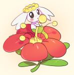 ambiguous_gender beady_eyes bloominglynx blush flabebe flower generation_6_pokemon glistening glistening_eyes green_body hi_res nintendo open_mouth plant pokemon pokemon_(species) red_flower signature simple_background solo white_background white_body white_ears