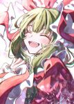  1girl bow closed_eyes frilled_ribbon frills front_ponytail gagaku_kawa_rei green_hair highres kagiyama_hina open_mouth red_bow red_ribbon ribbon smile solo touhou upper_body 