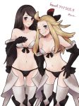  2girls agnes_oblige ahoge blonde_hair blue_eyes blush bow bravely_default:_flying_fairy bravely_default_(series) breasts chizu_(fiute) commentary_request edea_lee elbow_gloves gloves hair_bow long_hair looking_at_viewer multiple_girls simple_background smile thighhighs white_background 