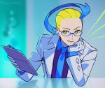  1boy blonde_hair blue_hair colress_(pokemon) glasses gloves lab_coat looking_at_viewer male_focus meloni_shvarts multicolored_hair necktie pokemon pokemon_bw2 signature solo two-tone_hair upper_body white_gloves yellow_eyes 
