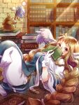  1girl 1other animal_ears blue_robe book book_stack bookshelf braid breath_of_fire breath_of_fire_iii covering_own_mouth duster glasses gloves hamamuraacca highres holding holding_book holding_duster honey_(breath_of_fire) long_hair looking_at_viewer lying momo_(breath_of_fire) on_back pince-nez red_eyes red_hair robe twin_braids white_gloves 