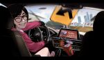  1girl ^_^ absurdres black-framed_eyewear black_eyes black_hair building car car_interior cardigan city cityscape closed_eyes collar cup disposable_cup driving fingerless_gloves freebird_(song) glasses gloves grand_theft_auto grand_theft_auto_v grin happy highres looking_back motion_blur motor_vehicle original pink_cardigan pov road_sign roadblock rosen_(veyonis) short_hair sign skyscraper smile solo steering_wheel teeth vehicle_interior veyonis white_collar 