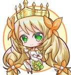  1girl bare_shoulders blonde_hair bow butterfly_hair_ornament celine_(fire_emblem) chibi chibi_only closed_mouth crown cup dress fire_emblem fire_emblem_engage full_body green_bow green_eyes griffonmask11 hair_ornament highres holding holding_cup holding_plate long_hair official_alternate_costume orange_bow plate smile solo teacup thighhighs very_long_hair white_dress white_thighhighs 