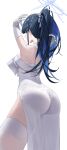  1girl absurdres ass blue_archive blue_halo choker colored_inner_hair dress elbow_gloves gloves halo highres lingerie multicolored_hair official_alternate_costume saori_(blue_archive) saori_(dress)_(blue_archive) simple_background ske4682 solo thighhighs underwear white_background white_thighhighs 