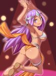  1girl armpits ass bikini_top blush breasts circlet cougar1404 dancer&#039;s_costume_(dq) dancing dark_skin dragon_quest dragon_quest_iv from_behind jewelry long_hair looking_back manya open_mouth pelvic_curtain purple_eyes purple_hair smile solo 
