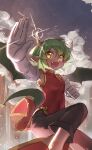  1girl absurdres brown_pants china_dress chinese_clothes clenched_hand draco_centauros dragon_tail dress fang foreshortening glint gloves green_hair highres horns looking_at_viewer moca_suzuka open_mouth pants puyopuyo red_dress short_hair side_slit solo tail white_gloves wings yellow_eyes 