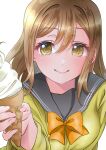  1girl bow bowtie brown_eyes brown_hair cardigan closed_mouth commentary_request food grey_sailor_collar hair_between_eyes holding holding_food holding_ice_cream ice_cream konoiren_z9xt kunikida_hanamaru long_sleeves looking_at_viewer love_live! love_live!_sunshine!! medium_hair sailor_collar school_uniform sidelocks smile solo standing upper_body uranohoshi_school_uniform winter_uniform yellow_bow yellow_bowtie yellow_cardigan 