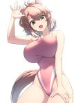  1girl animal_ears breasts brown_eyes brown_hair commentary_request competition_swimsuit covered_navel cowboy_shot dantsu_flame_(umamusume) highleg highleg_swimsuit highres horse_ears horse_girl horse_tail large_breasts one-piece_swimsuit pataneet pink_one-piece_swimsuit short_hair simple_background solo swimsuit tail umamusume white_background 
