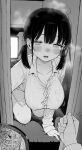 1girl 1other absurdres all_fours blush breasts cleavage collarbone collared_shirt covered_nipples food greyscale half-closed_eyes highres indoors kuromoto-kun_(rina_masimaro) large_breasts looking_at_viewer messy_hair mole mole_under_eye monochrome open_mouth original pov shirt short_twintails solo_focus steam sweat twintails 