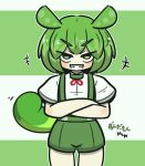  +++ 1girl commentary_request crossed_arms green_background green_hair green_shorts grin highres looking_at_viewer puffy_short_sleeves puffy_sleeves sharp_teeth shirt short_sleeves shorts smile solo standing suspender_shorts suspenders tail teeth translation_request two-tone_background uni_souchou v-shaped_eyebrows voicevox white_background white_shirt yellow_eyes zundamon 