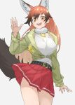  1girl :d animal_ear_fluff animal_ears belt black_hair breasts commentary cowboy_shot extra_ears fox_ears fox_girl fox_tail fur_collar gradient_hair green_jacket grey_background hair_between_eyes highres jacket kemono_friends long_hair long_sleeves looking_at_viewer medium_breasts multicolored_hair open_clothes open_jacket open_mouth orange_eyes orange_hair pleated_skirt red_fox_(kemono_friends) red_skirt shirt simple_background skirt sleeveless sleeveless_shirt smile solo studded_belt tail tanabe_(fueisei) white_shirt 