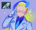  1boy adjusting_eyewear blonde_hair blue_hair closed_eyes colress_(pokemon) derivative_work glasses gloves highres lab_coat male_focus meloni_shvarts multicolored_hair necktie pokemon pokemon_(anime) pokemon_bw_(anime) purple_background reference_inset screencap_redraw signature solo two-tone_hair upper_body white_gloves 