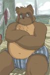  2008 anthro bed belly brown_body brown_fur canid canine clothing fur furniture male mammal navel overweight overweight_male paran0id42 raccoon_dog sitting solo tanuki underwear 
