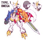  1girl arm_blade arm_cannon armor black_hair cape crotch_plate digimon helmet horns humanization iikoao looking_at_viewer mega_man_(series) mega_man_zero_(series) navel omegamon purple_eyes red_cape short_hair simple_background sword two-sided_cape two-sided_fabric weapon white_background white_cape 