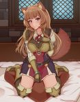  1girl absurdres animal_ear_fluff animal_ears artist_name bangs blush boots breasts brown_footwear brown_hair brown_legwear commentary eyebrows_visible_through_hair highres kneeling long_hair long_sleeves looking_at_viewer raccoon_ears raccoon_girl raccoon_tail raphtalia red_eyes shellvi smile solo tail tate_no_yuusha_no_nariagari thighhighs 