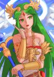  1girl absurdres aoyagi_0 armlet bare_shoulders breasts chain cleavage collarbone diadem gold_chain green_eyes green_hair highres holding holding_staff kid_icarus kid_icarus_uprising long_hair open_mouth palutena solo staff upper_body vambraces 