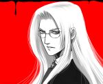  1girl ascot commentary_request forehead glasses greyscale_with_colored_background hellsing highres integra_hellsing long_hair looking_at_viewer portrait red_background serious solo toshimichi_yukari v-shaped_eyebrows 