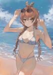  1girl absurdres ahoge alternate_costume alternate_hairstyle arms_up beach bikini braid breasts brown_eyes brown_hair cloud cloudy_sky crossed_bangs dimas_(dimas79756948) eyewear_on_head fingernails hair_ornament hairclip highres hololive hololive_english looking_at_viewer low_twin_braids multicolored_hair nanashi_mumei ocean revision sky standing streaked_hair sunglasses swimsuit teeth twin_braids upper_teeth_only virtual_youtuber white_bikini 