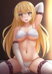  +_+ 1girl :3 :d arm_up armpits bare_shoulders between_legs bikini blonde_hair blush breasts brown_eyes cleavage collarbone commentary drooling elbow_gloves front-tie_bikini front-tie_top gloves groin highres kazenokaze large_breasts long_hair looking_at_viewer navel nose_blush open_mouth shokuhou_misaki sitting skindentation smile solo spider_web_print stomach string_bikini sweat swimsuit thighhighs to_aru_kagaku_no_railgun to_aru_majutsu_no_index white_bikini white_gloves white_legwear 