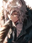  1boy animal_ears arknights black_coat cat_ears dress_shirt eyebrows fur_trim gloves grey_eyes hand_kiss highlights kiss long_coat long_sleeves looking_down messy_hair multicolored_hair necktie shirt sidelighting silence_girl silver_hair silverash_(arknights) white_shirt zipper 