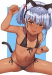  1girl :d animal_ear_fluff animal_ears artist_name bikini black_bikini blue_hair blush cat_ears cat_tail dark_skin fake_animal_ears fang flat_chest hai_ookami hand_up highres looking_at_viewer navel open_mouth original paw_pose smile solo spread_legs swimsuit tail twintails yellow_eyes 