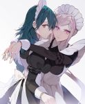  2girls alternate_costume apron bangs black_dress blue_hair bow breast_press breasts byleth_(fire_emblem) byleth_(fire_emblem)_(female) cowboy_shot dress edelgard_von_hresvelg enmaided fire_emblem fire_emblem:_three_houses highres hug lips long_sleeves looking_at_viewer looking_back maid maid_apron maid_headdress medium_breasts multiple_girls parted_bangs pink_eyes profile puffy_long_sleeves puffy_sleeves pullssack purple_eyes silver_hair simple_background symmetrical_docking white_background wrist_cuffs 