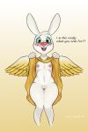 angel angel_gabby angel_hare anthro blue_eyes blush clothed clothing clothing_lift dress dress_lift female flat_chested freckles genitals hi_res lagomorph leporid mammal necroeddie nipples pussy rabbit solo wings