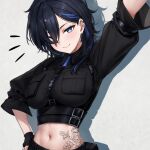  1girl absurdres arm_belt arm_up ayase_yuu belt black_belt black_gloves black_hair black_shirt blue_eyes blue_hair breast_pocket breasts closed_mouth crop_top cross cross_earrings ear_piercing earrings fingerless_gloves gloves hand_on_own_hip highres jewelry midriff mochitsuki_karen multicolored_hair navel phase_connect piercing pocket shadow shirt smile solo sparkling_eyes stomach_tattoo streaked_hair sweat tattoo virtual_youtuber 