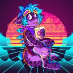 aesthetic bandanna beverage blue_hair bottomwear claws clothing crownedvictory crystal eyewear goggles hair hi_res lizard male purple_body purple_scales reptile scales scalie shorts solo sunset tagme vaporwave 