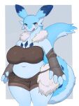 3:4 anthro baburusushi biped blue_body blue_eyes blue_fur blush breasts chillet clothed clothing female fur hi_res navel pal_(species) palworld pocketpair simple_background solo white_body white_fur
