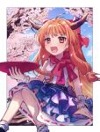  1girl :d blush border bow breasts brown_horns cherry_blossoms commentary_request cup fang feet_out_of_frame hair_bow holding holding_cup horn_bow horn_ornament horns ibuki_suika long_hair medium_bangs open_mouth orange_eyes orange_hair outside_border purple_bow purple_skirt red_bow red_scarf ribbon-trimmed_skirt ribbon_trim sakazuki scarf shirt sitting skirt sleeveless sleeveless_shirt small_breasts smile solo touhou very_long_hair white_border white_shirt wrist_cuffs xox_xxxxxx 