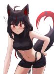  1girl ^^^ ahoge animal_ear_fluff animal_ears black_hair black_panties black_shirt black_shorts blush braid commentary_request crop_top earrings fox_ears fox_girl fox_tail hair_between_eyes hand_on_own_hip highleg highleg_panties highres hololive jewelry kurokami_fubuki leaning_forward long_hair looking_at_viewer multicolored_hair open_mouth panties pentagram red_eyes red_hair shirt short_shorts shorts sidelocks simple_background single_braid sleeveless sleeveless_shirt solo streaked_hair tail telomere underwear virtual_youtuber white_background 