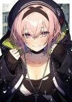  1girl black_headwear black_jacket black_shirt breasts close-up closed_mouth earrings hat highres holding_hood hood hooded_jacket jacket jewelry looking_at_viewer medium_breasts mephisto_(angraecum) misogi_sosogi necklace open_clothes open_jacket pink_eyes pink_hair portrait purple_eyes shirt solo sosogi_wa_kaeritai torn_clothes torn_shirt virtual_youtuber 