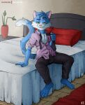 absurd_res aletails_saru anthro bed bedroom clothing domestic_cat felid feline felis flirting flirting_with_viewer furniture hi_res katxfish male mammal on_bed sitting sitting_on_bed solo undressing