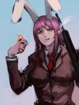  1girl animal_ears blue_background brown_eyes brown_jacket bunny_ears cigarette collared_shirt gradient gradient_background gun hand_up holding holding_gun holding_weapon inishie_kumo jacket lighter long_hair long_sleeves looking_at_viewer mouth_hold necktie purple_hair red_neckwear reisen_udongein_inaba rifle sanpaku shirt smoking solo touhou upper_teeth weapon white_shirt wing_collar 