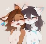 anthro arctic_fox blue_eyes blush breasts brown_hair canid canine digital_media_(artwork) duo female female/female fox fur hair hi_res lyra_(lyra~floof) magnaluna mammal nipples nude orange_body orange_fur red_fox samantha_(syronck01) simple_background smile true_fox white_body white_fur