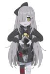  1girl @_@ absurdres bandaged_leg bandages black_bow black_collar black_hoodie blush bow collar grey_hair hair_bow hair_over_one_eye highres holding hood hoodie long_hair long_sleeves looking_at_viewer open_mouth original pale_skin simple_background single_thighhigh solo squid tears thighhighs very_long_hair vreparty white_background yellow_eyes 